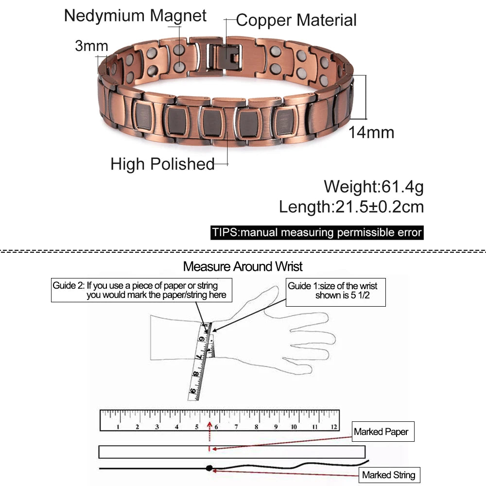 Pure Copper Magnetic Bracelet Homme 14mm Wrist Band Magnetic Bracelet Benefits Health Energy Copper Magnetic Bracelet Arthritis