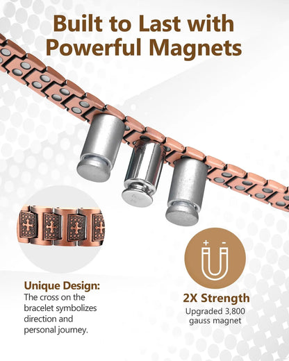 Men's Red Copper Magnetic Bracelet Engraved Vintage Cross Strong Magnetic Copper Bracelet Red Copper Magnetic Energy Bracelet