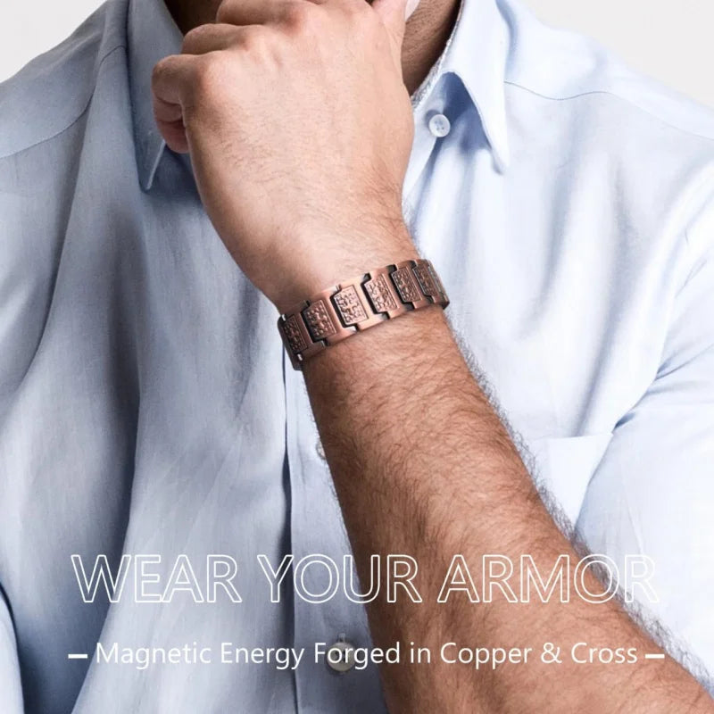 Men's Red Copper Magnetic Bracelet Engraved Vintage Cross Strong Magnetic Copper Bracelet Red Copper Magnetic Energy Bracelet
