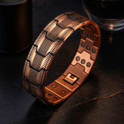 MagPulse ProMagPulse ProMagPul copper hip hop bracelet with intricate design and details.